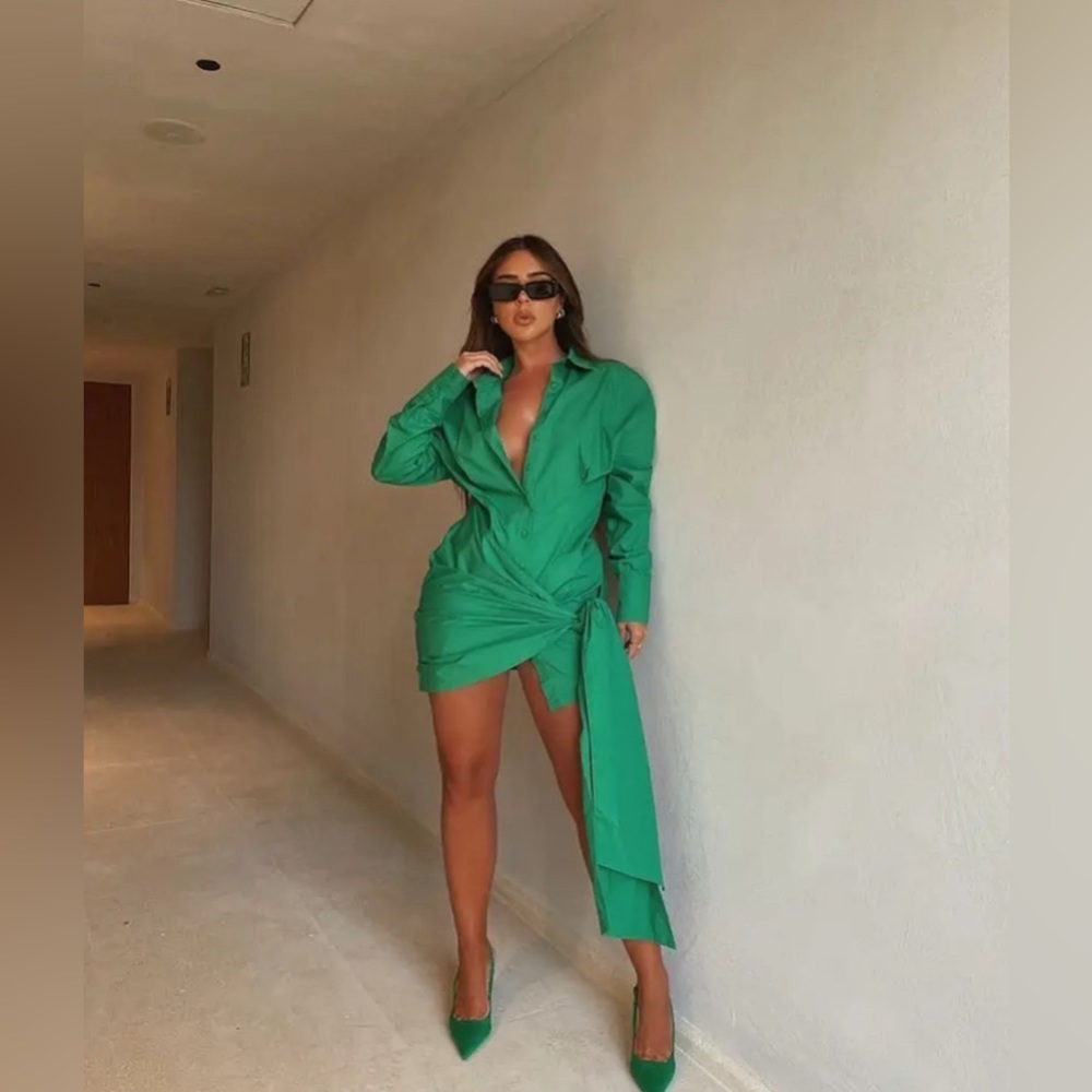 Misspap Green Wrap Tie Shirt Dress